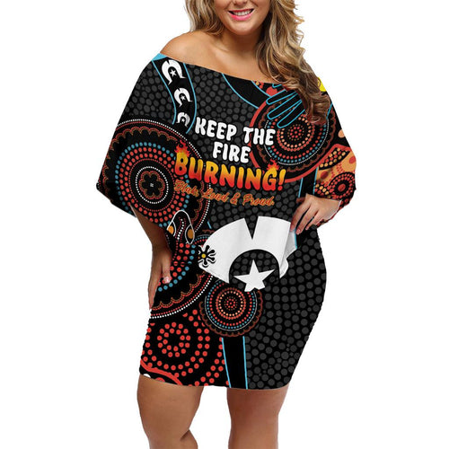 NAIDOC Week 2024 Family Matching Off Shoulder Short Dress and Hawaiian Shirt Keep The Fire Burning Indigenous Art