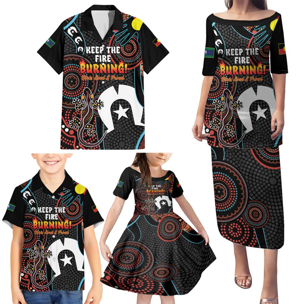 NAIDOC Week 2024 Family Matching Puletasi and Hawaiian Shirt Keep The Fire Burning Indigenous Art