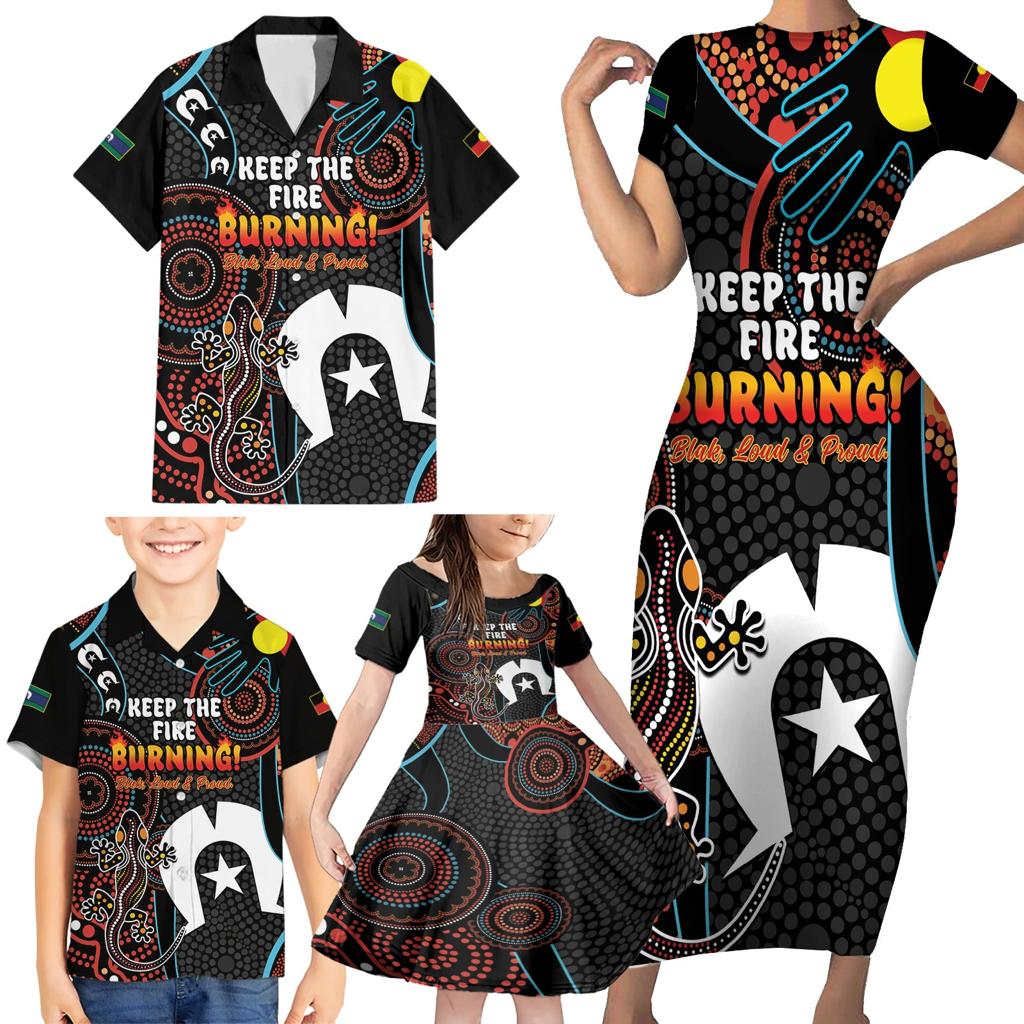 NAIDOC Week 2024 Family Matching Short Sleeve Bodycon Dress and Hawaiian Shirt Keep The Fire Burning Indigenous Art