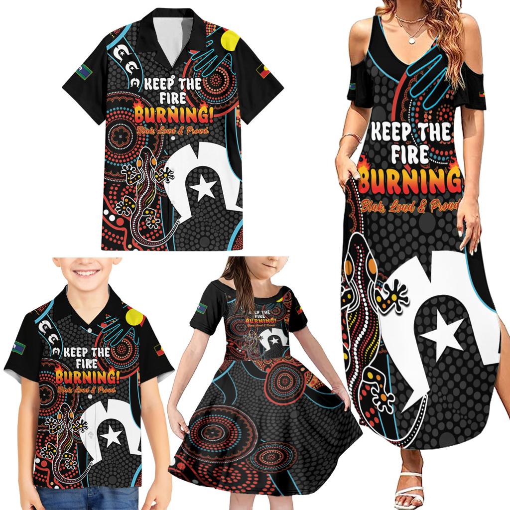 NAIDOC Week 2024 Family Matching Summer Maxi Dress and Hawaiian Shirt Keep The Fire Burning Indigenous Art