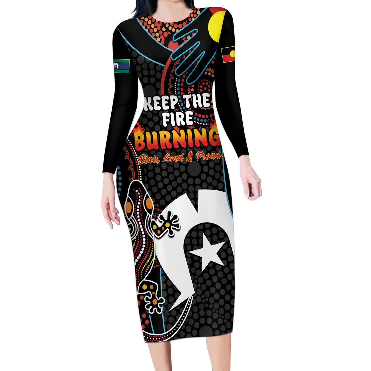 NAIDOC Week 2024 Long Sleeve Bodycon Dress Keep The Fire Burning Indigenous Art