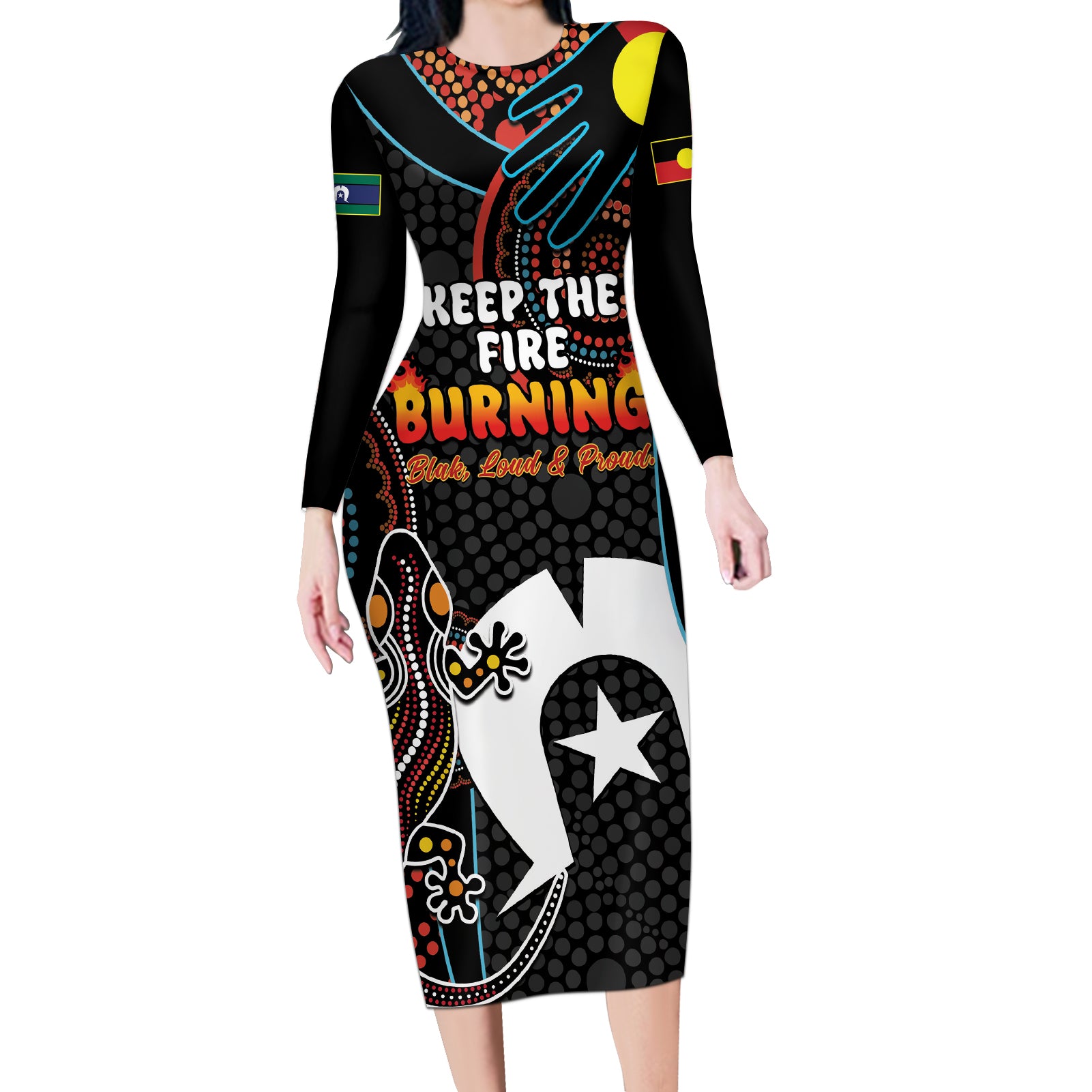 NAIDOC Week 2024 Long Sleeve Bodycon Dress Keep The Fire Burning Indigenous Art