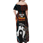 NAIDOC Week 2024 Off Shoulder Maxi Dress Keep The Fire Burning Indigenous Art