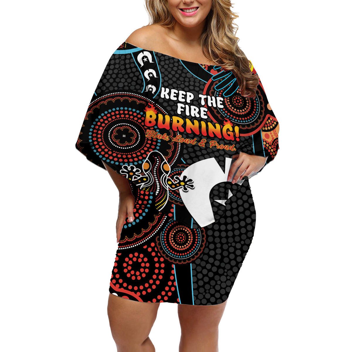NAIDOC Week 2024 Off Shoulder Short Dress Keep The Fire Burning Indigenous Art