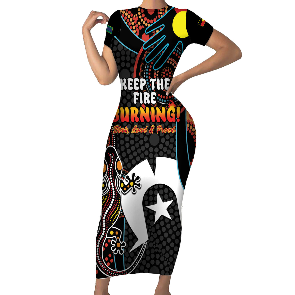 NAIDOC Week 2024 Short Sleeve Bodycon Dress Keep The Fire Burning Indigenous Art