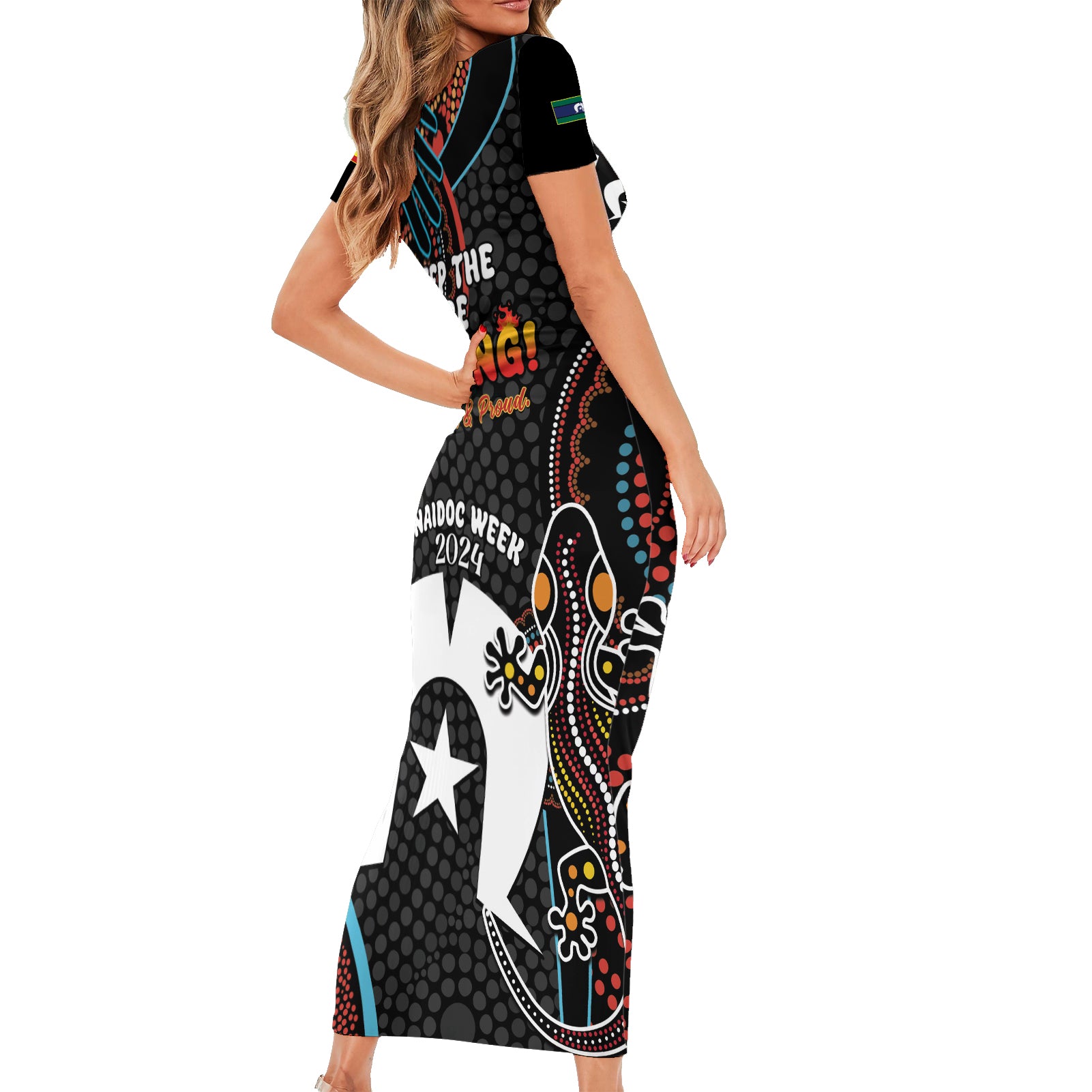 NAIDOC Week 2024 Short Sleeve Bodycon Dress Keep The Fire Burning Indigenous Art