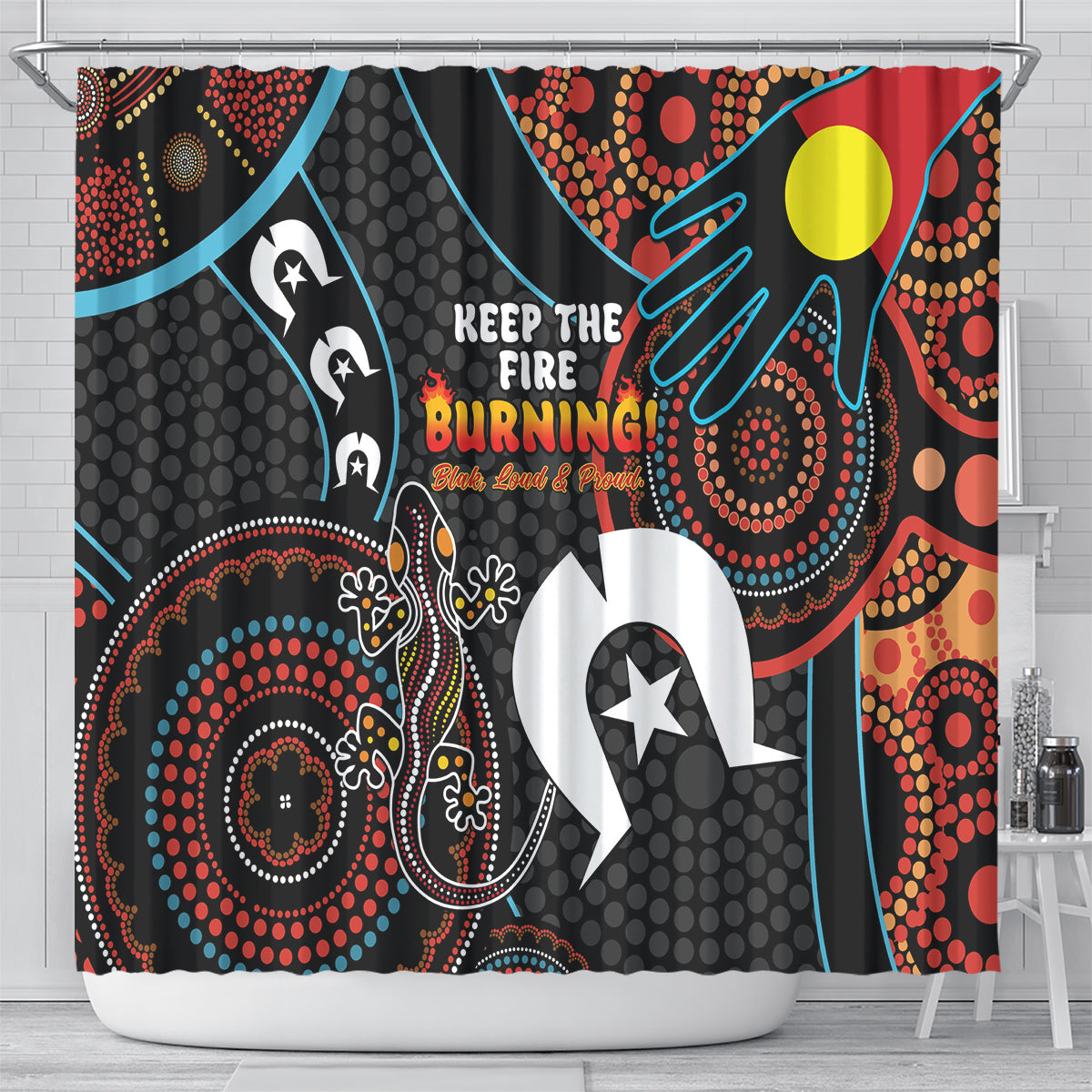 NAIDOC Week 2024 Shower Curtain Keep The Fire Burning Indigenous Art