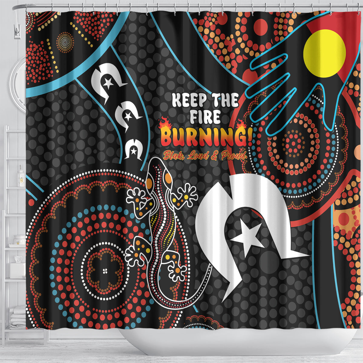 NAIDOC Week 2024 Shower Curtain Keep The Fire Burning Indigenous Art