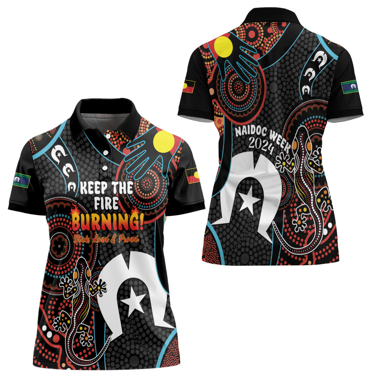 NAIDOC Week 2024 Women Polo Shirt Keep The Fire Burning Indigenous Art