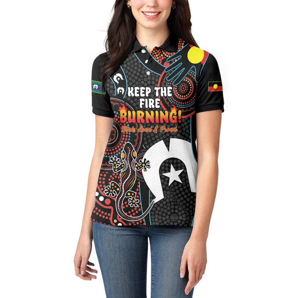 NAIDOC Week 2024 Women Polo Shirt Keep The Fire Burning Indigenous Art