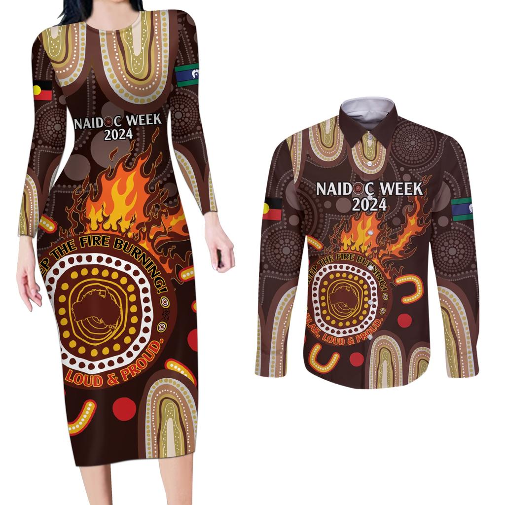 Personalised NAIDOC Week 2024 Couples Matching Long Sleeve Bodycon Dress and Long Sleeve Button Shirt Aussie Map With Aboriginal