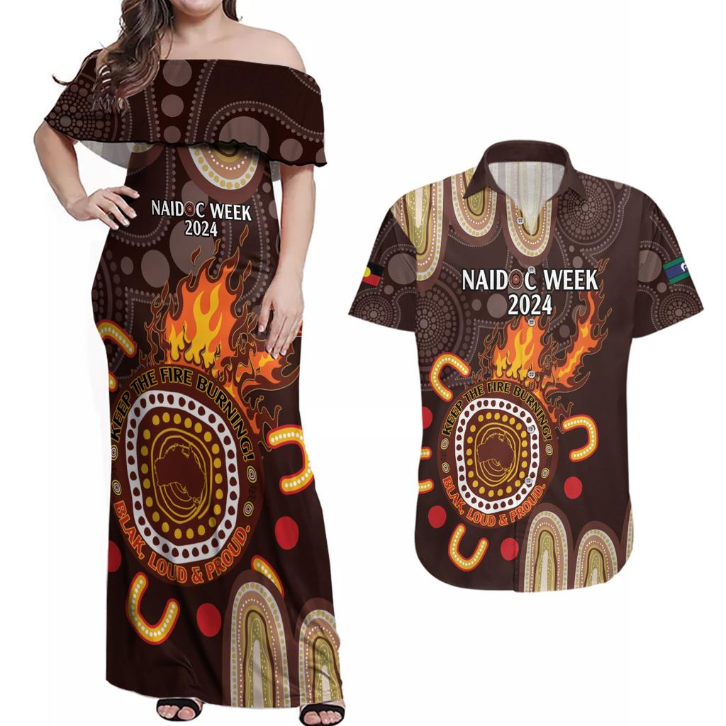Personalised NAIDOC Week 2024 Couples Matching Off Shoulder Maxi Dress and Hawaiian Shirt Aussie Map With Aboriginal