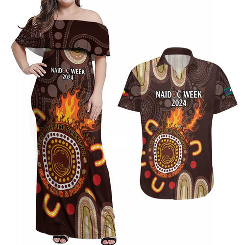 Personalised NAIDOC Week 2024 Couples Matching Off Shoulder Maxi Dress and Hawaiian Shirt Aussie Map With Aboriginal