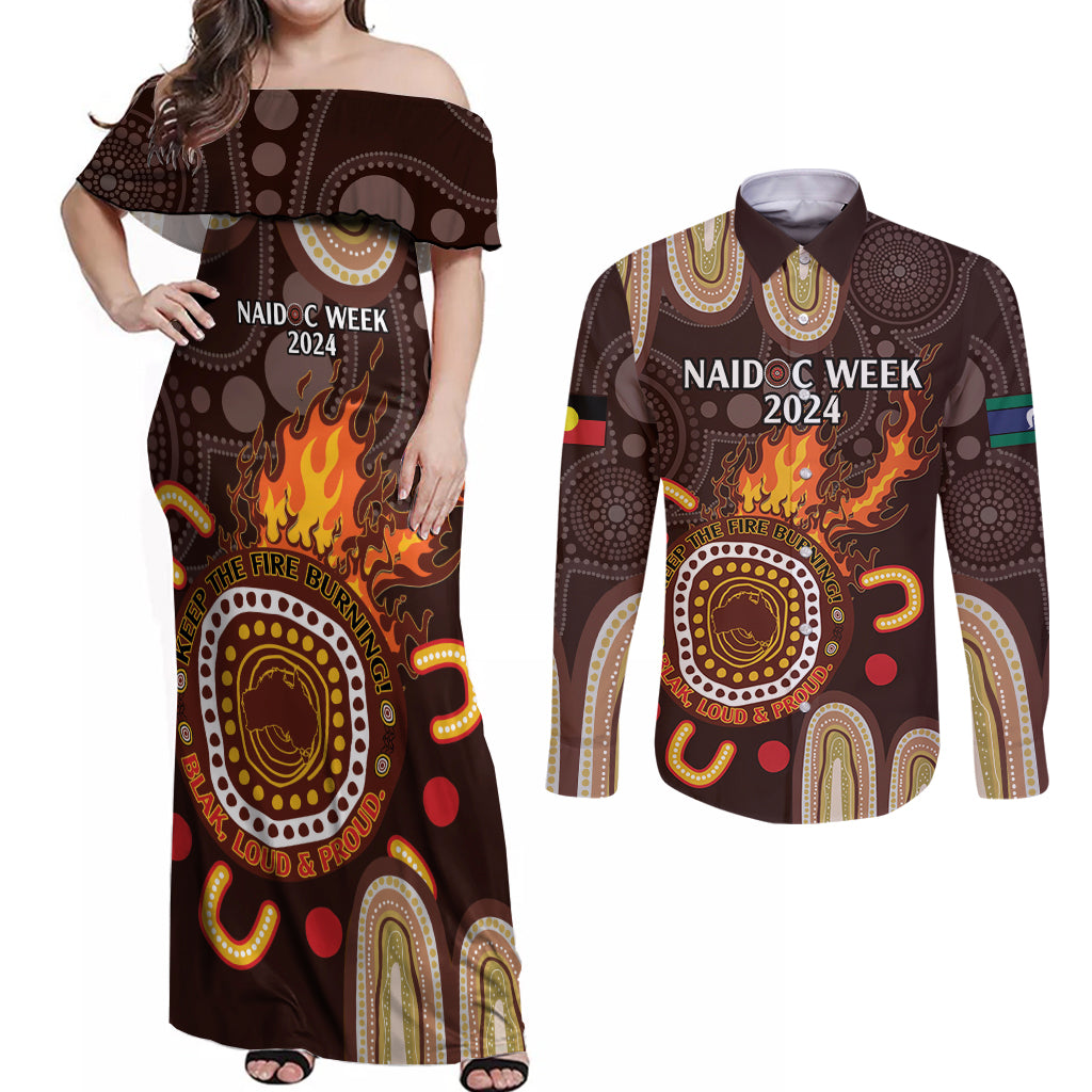 Personalised NAIDOC Week 2024 Couples Matching Off Shoulder Maxi Dress and Long Sleeve Button Shirt Aussie Map With Aboriginal