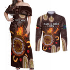Personalised NAIDOC Week 2024 Couples Matching Off Shoulder Maxi Dress and Long Sleeve Button Shirt Aussie Map With Aboriginal
