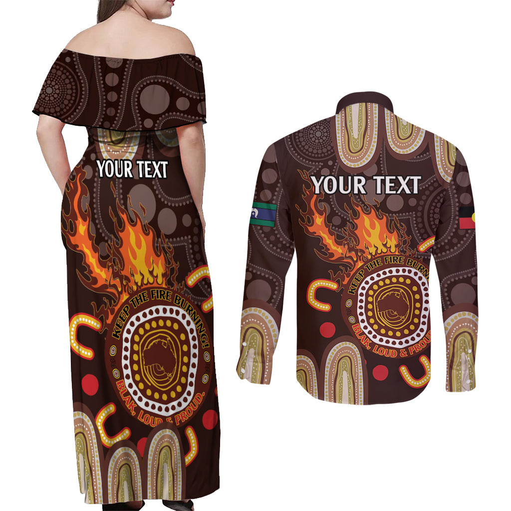 Personalised NAIDOC Week 2024 Couples Matching Off Shoulder Maxi Dress and Long Sleeve Button Shirt Aussie Map With Aboriginal