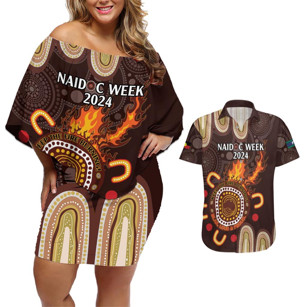 Personalised NAIDOC Week 2024 Couples Matching Off Shoulder Short Dress and Hawaiian Shirt Aussie Map With Aboriginal