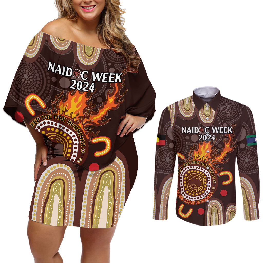 Personalised NAIDOC Week 2024 Couples Matching Off Shoulder Short Dress and Long Sleeve Button Shirt Aussie Map With Aboriginal