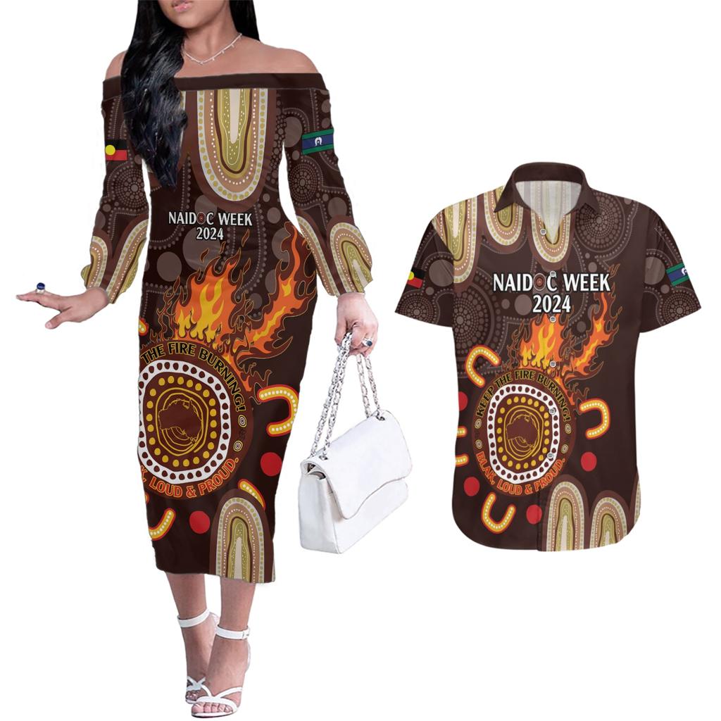 Personalised NAIDOC Week 2024 Couples Matching Off The Shoulder Long Sleeve Dress and Hawaiian Shirt Aussie Map With Aboriginal