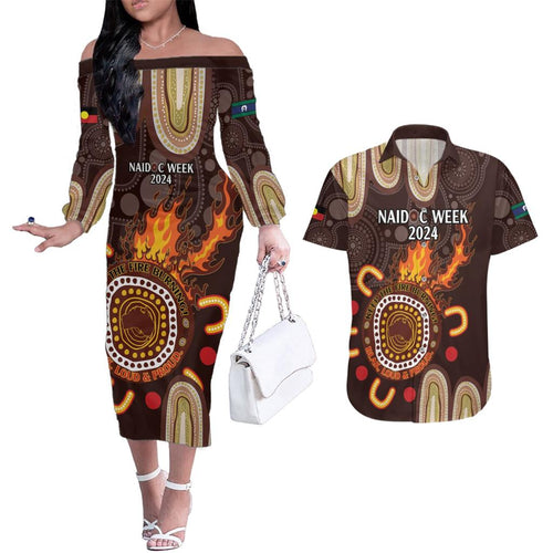 Personalised NAIDOC Week 2024 Couples Matching Off The Shoulder Long Sleeve Dress and Hawaiian Shirt Aussie Map With Aboriginal