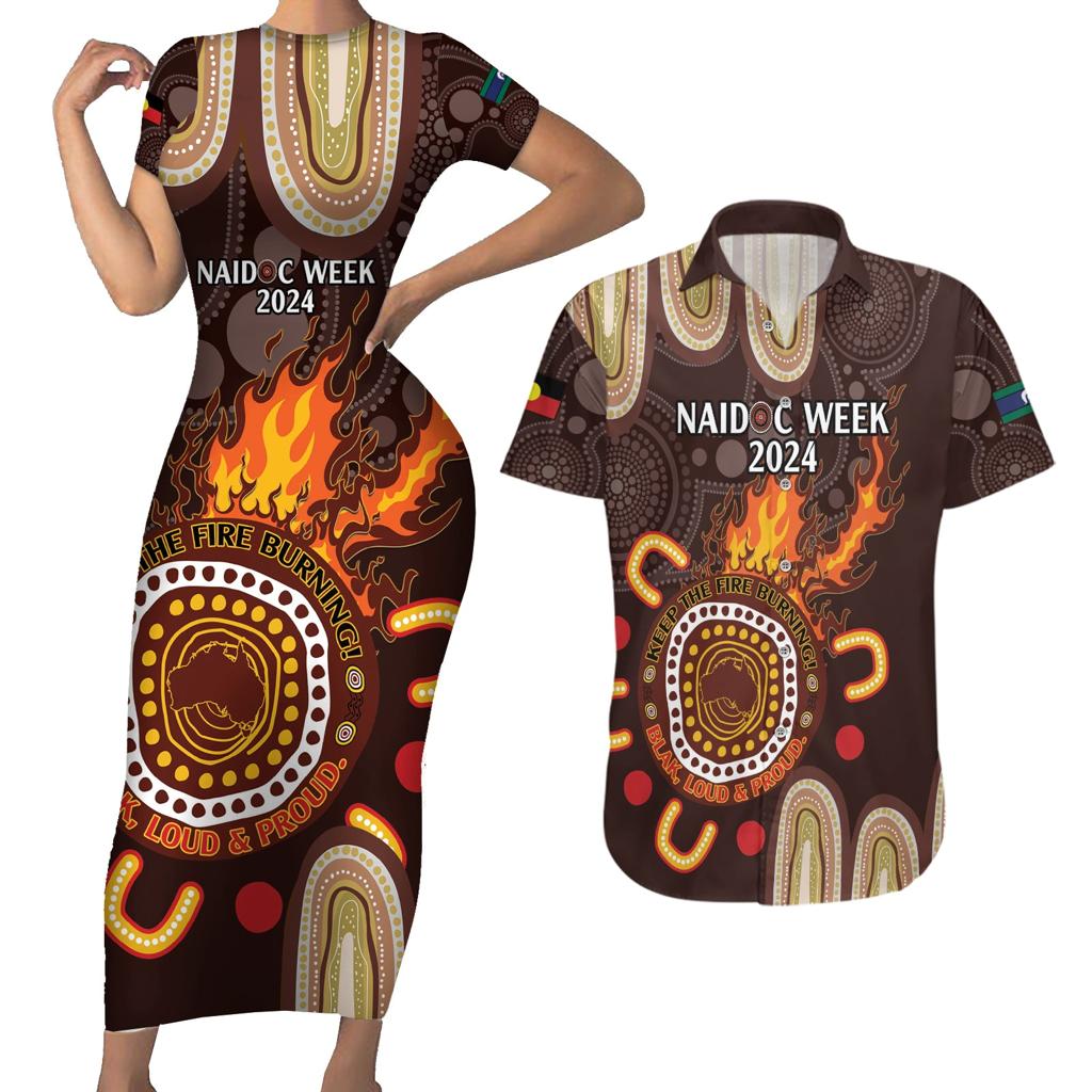 Personalised NAIDOC Week 2024 Couples Matching Short Sleeve Bodycon Dress and Hawaiian Shirt Aussie Map With Aboriginal