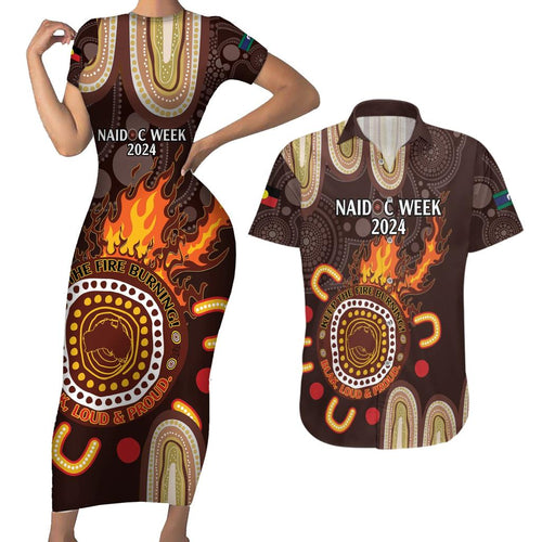 Personalised NAIDOC Week 2024 Couples Matching Short Sleeve Bodycon Dress and Hawaiian Shirt Aussie Map With Aboriginal