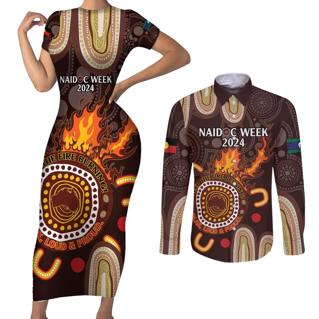Personalised NAIDOC Week 2024 Couples Matching Short Sleeve Bodycon Dress and Long Sleeve Button Shirt Aussie Map With Aboriginal