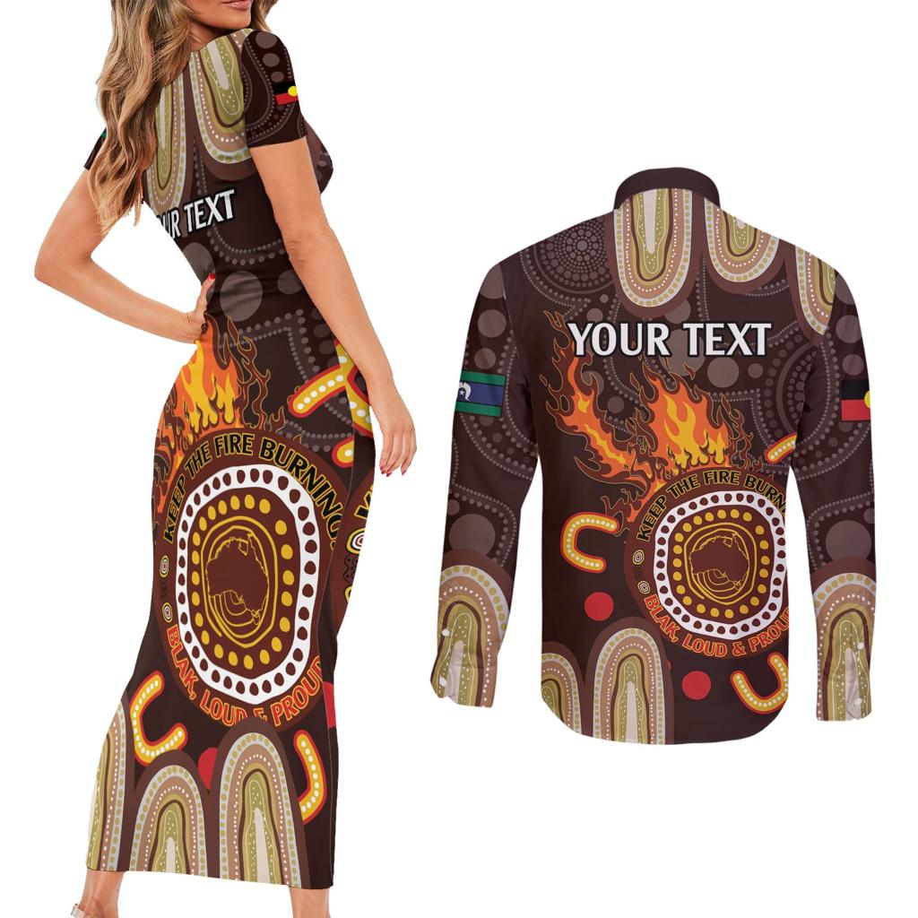 Personalised NAIDOC Week 2024 Couples Matching Short Sleeve Bodycon Dress and Long Sleeve Button Shirt Aussie Map With Aboriginal