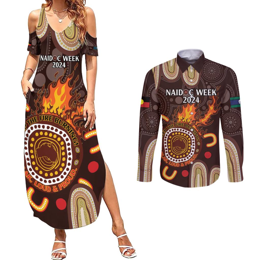 Personalised NAIDOC Week 2024 Couples Matching Summer Maxi Dress and Long Sleeve Button Shirt Aussie Map With Aboriginal