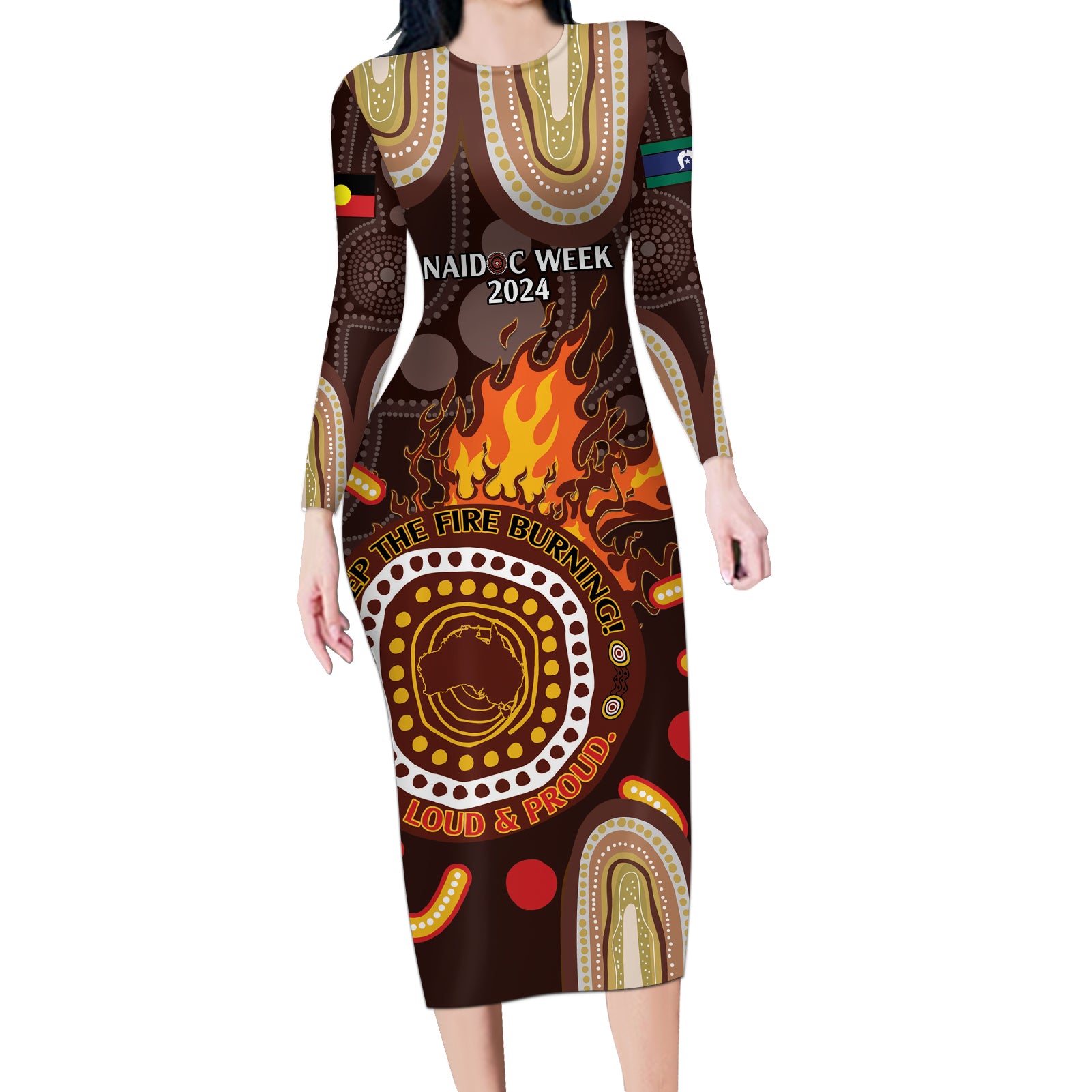 Personalised NAIDOC Week 2024 Long Sleeve Bodycon Dress Aussie Map With Aboriginal