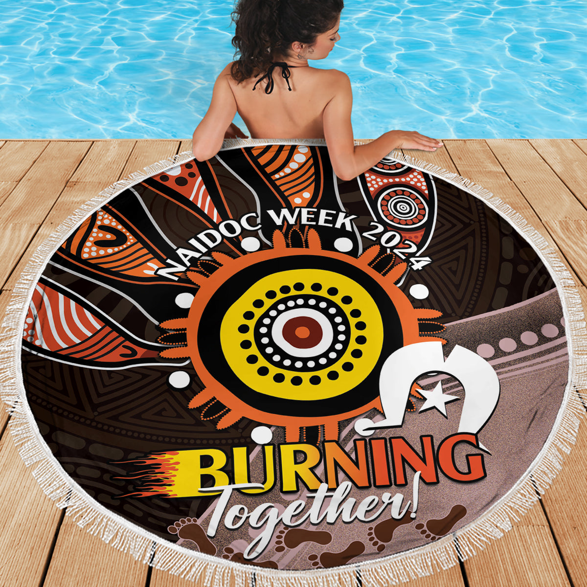 Fire Burning Together NAIDOC 2024 Beach Blanket Indigenous Art