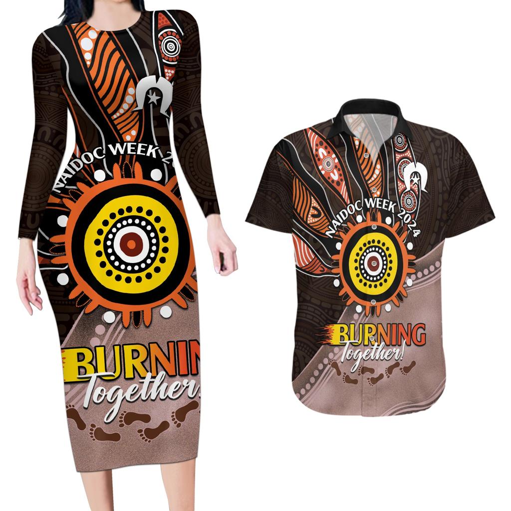 Fire Burning Together NAIDOC 2024 Couples Matching Long Sleeve Bodycon Dress and Hawaiian Shirt Indigenous Art