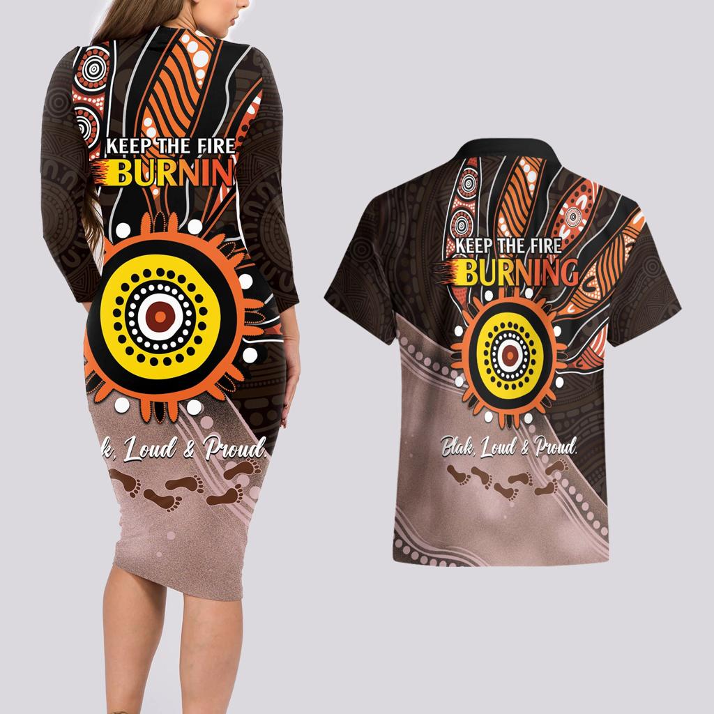 Fire Burning Together NAIDOC 2024 Couples Matching Long Sleeve Bodycon Dress and Hawaiian Shirt Indigenous Art