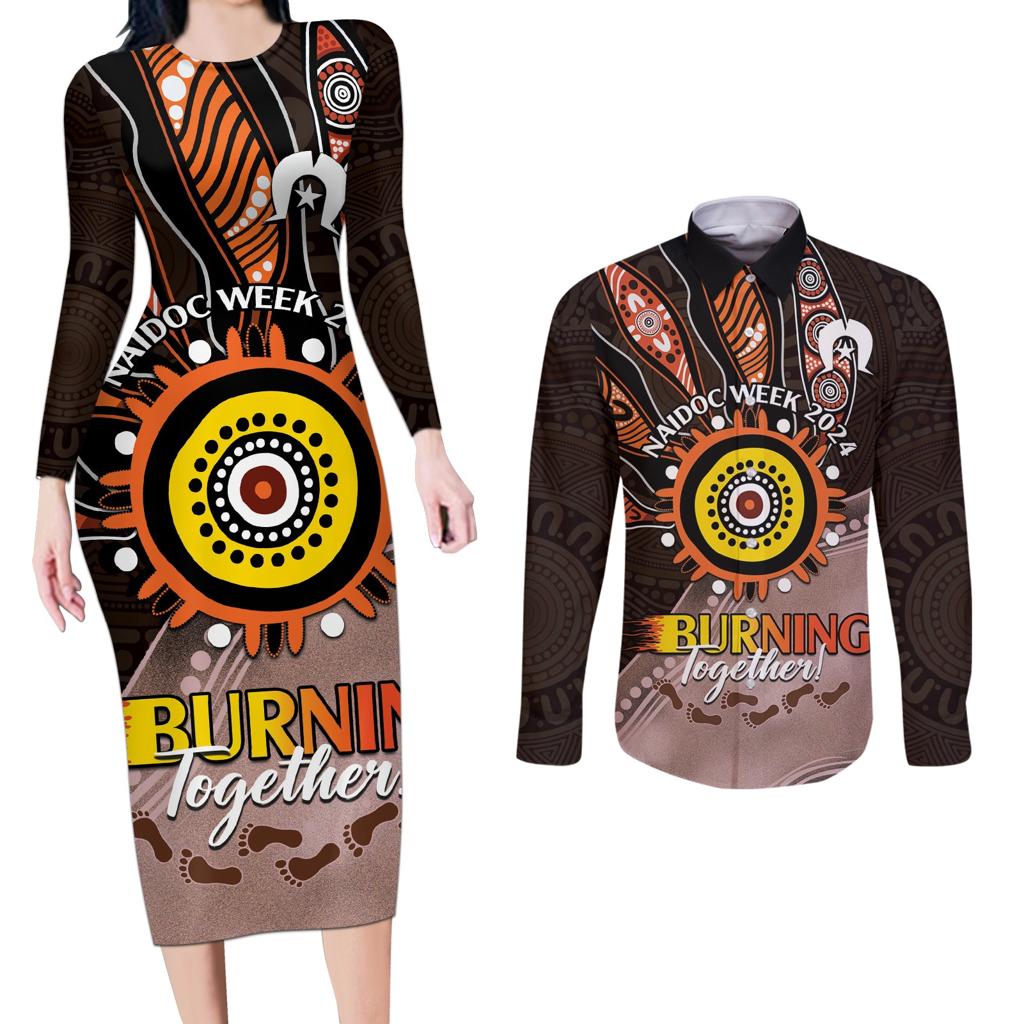 Fire Burning Together NAIDOC 2024 Couples Matching Long Sleeve Bodycon Dress and Long Sleeve Button Shirt Indigenous Art