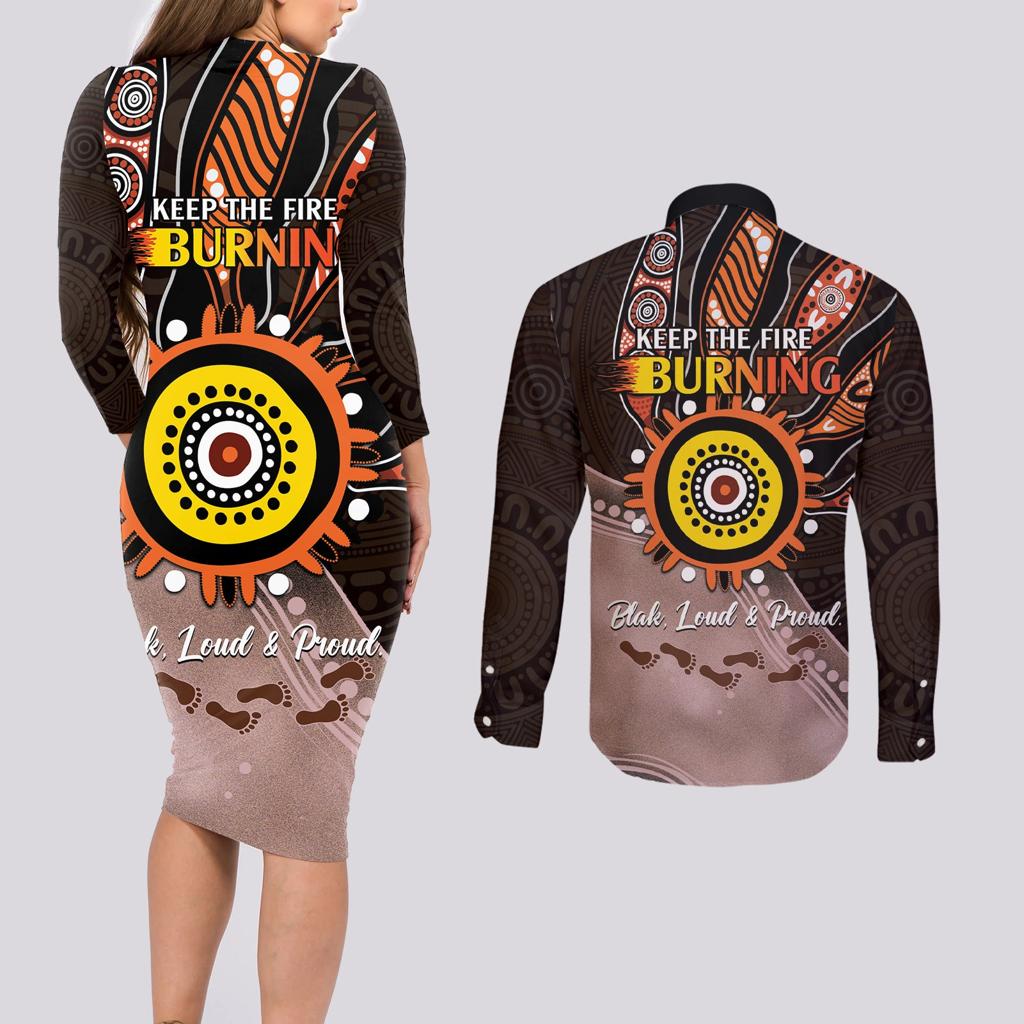 Fire Burning Together NAIDOC 2024 Couples Matching Long Sleeve Bodycon Dress and Long Sleeve Button Shirt Indigenous Art