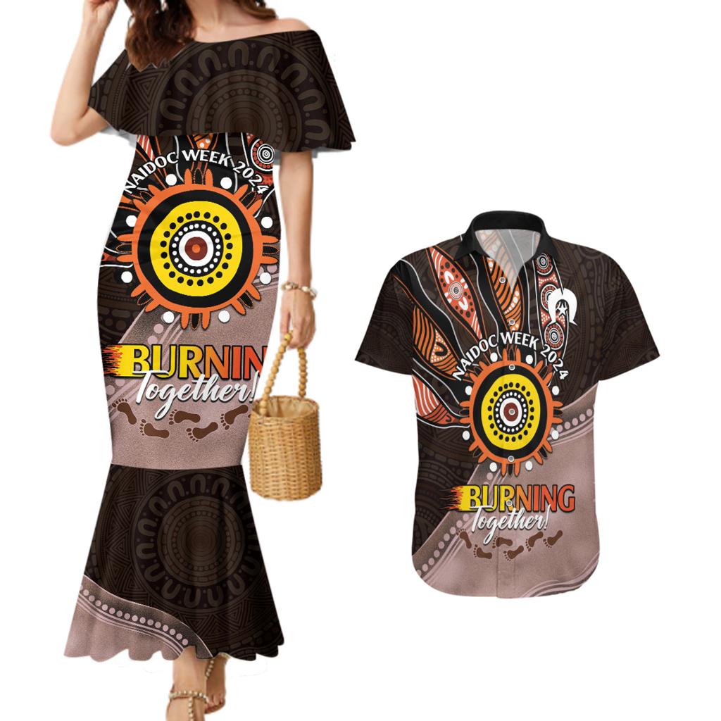 Fire Burning Together NAIDOC 2024 Couples Matching Mermaid Dress and Hawaiian Shirt Indigenous Art