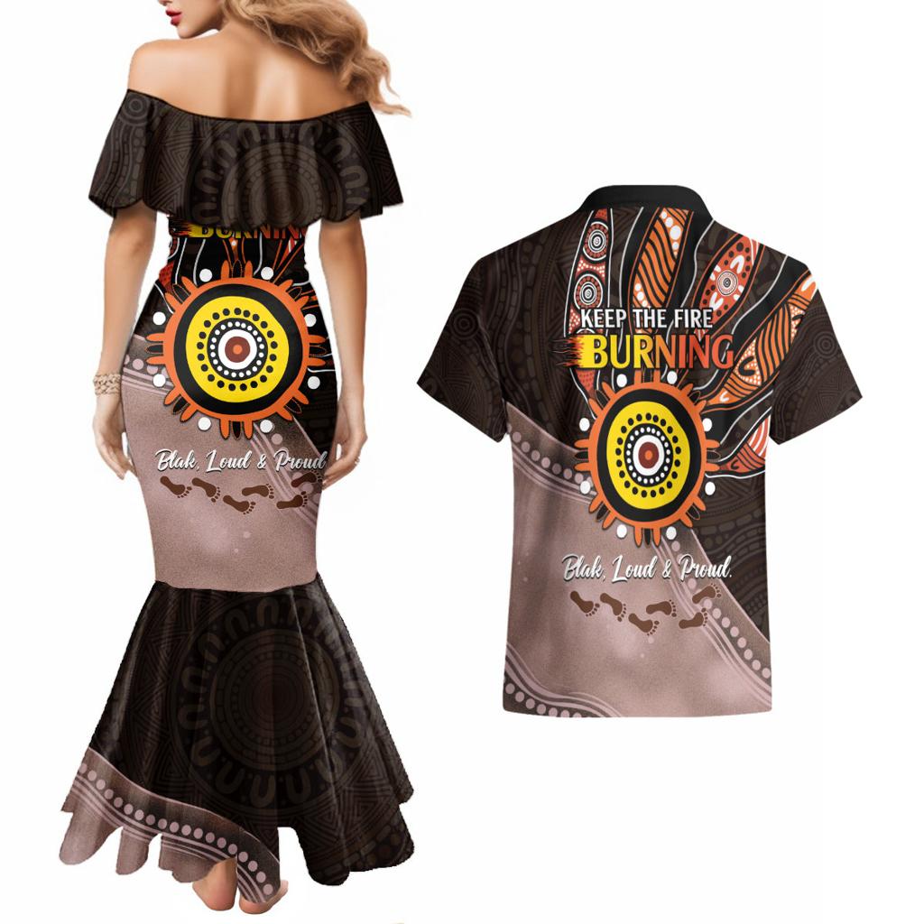 Fire Burning Together NAIDOC 2024 Couples Matching Mermaid Dress and Hawaiian Shirt Indigenous Art