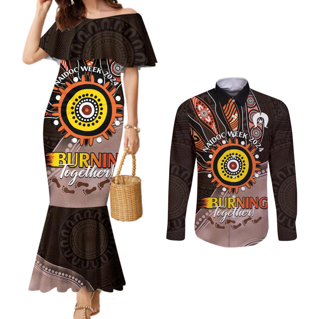 Fire Burning Together NAIDOC 2024 Couples Matching Mermaid Dress and Long Sleeve Button Shirt Indigenous Art