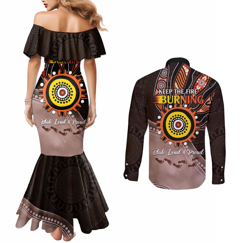 Fire Burning Together NAIDOC 2024 Couples Matching Mermaid Dress and Long Sleeve Button Shirt Indigenous Art