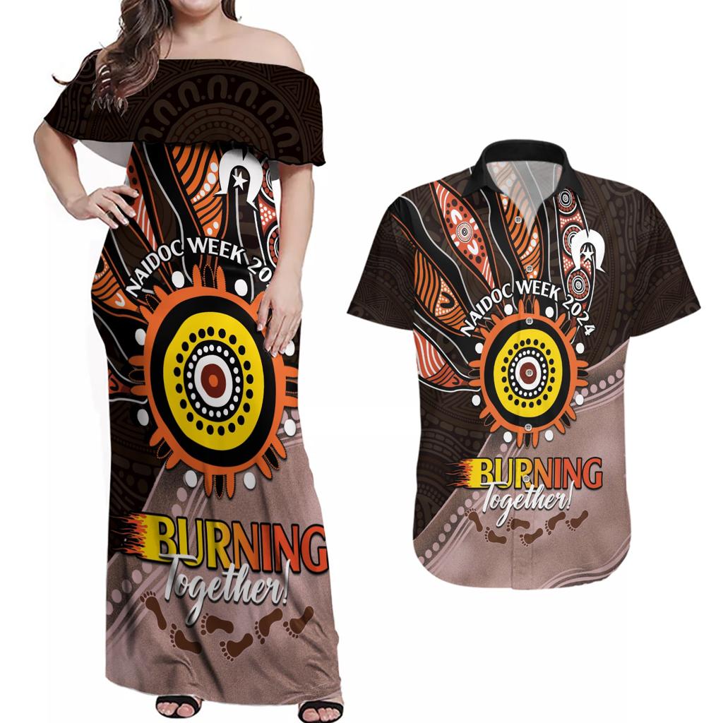 Fire Burning Together NAIDOC 2024 Couples Matching Off Shoulder Maxi Dress and Hawaiian Shirt Indigenous Art