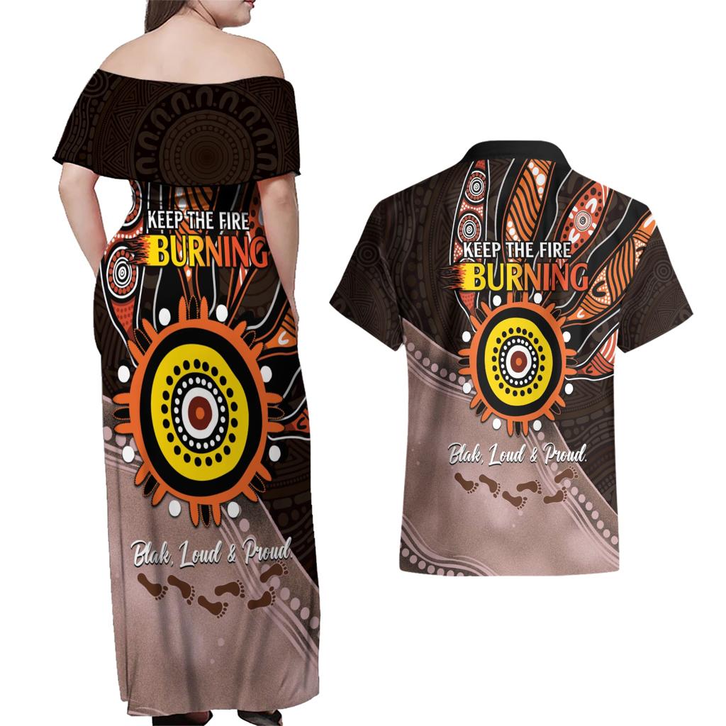 Fire Burning Together NAIDOC 2024 Couples Matching Off Shoulder Maxi Dress and Hawaiian Shirt Indigenous Art