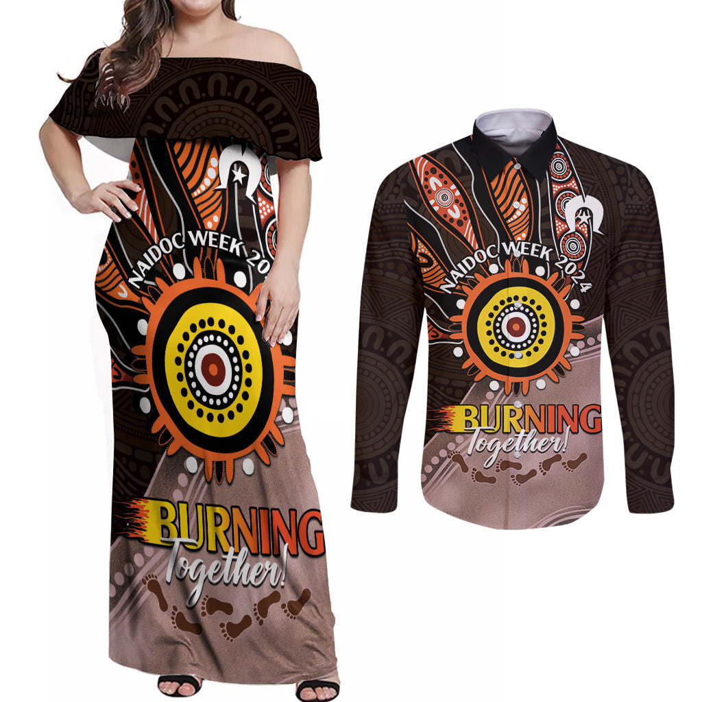 Fire Burning Together NAIDOC 2024 Couples Matching Off Shoulder Maxi Dress and Long Sleeve Button Shirt Indigenous Art