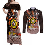 Fire Burning Together NAIDOC 2024 Couples Matching Off Shoulder Maxi Dress and Long Sleeve Button Shirt Indigenous Art