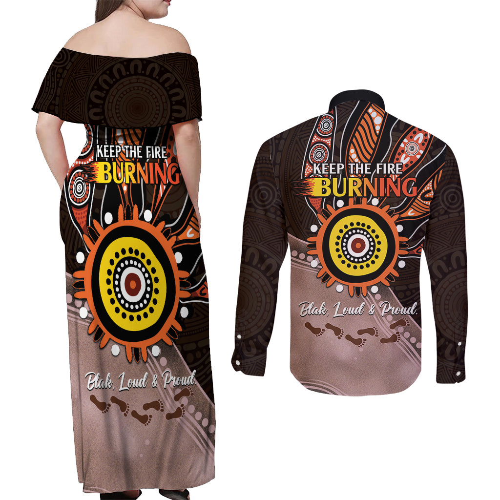 Fire Burning Together NAIDOC 2024 Couples Matching Off Shoulder Maxi Dress and Long Sleeve Button Shirt Indigenous Art