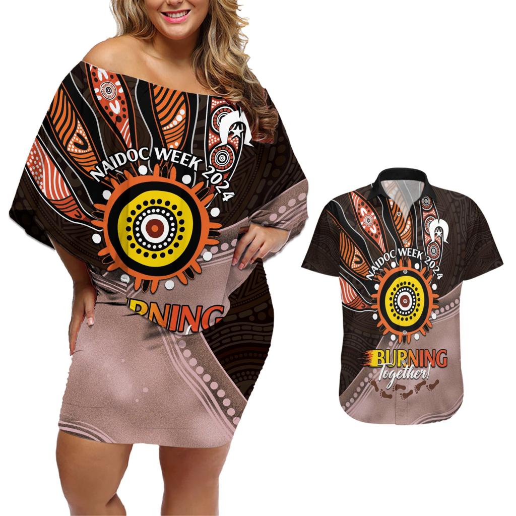 Fire Burning Together NAIDOC 2024 Couples Matching Off Shoulder Short Dress and Hawaiian Shirt Indigenous Art