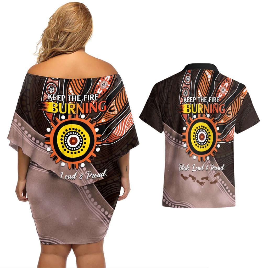 Fire Burning Together NAIDOC 2024 Couples Matching Off Shoulder Short Dress and Hawaiian Shirt Indigenous Art