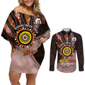 Fire Burning Together NAIDOC 2024 Couples Matching Off Shoulder Short Dress and Long Sleeve Button Shirt Indigenous Art