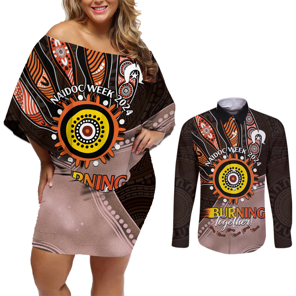 Fire Burning Together NAIDOC 2024 Couples Matching Off Shoulder Short Dress and Long Sleeve Button Shirt Indigenous Art