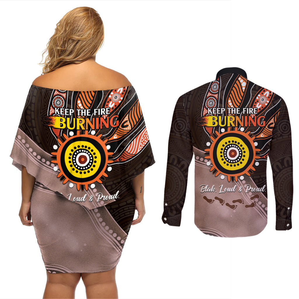 Fire Burning Together NAIDOC 2024 Couples Matching Off Shoulder Short Dress and Long Sleeve Button Shirt Indigenous Art