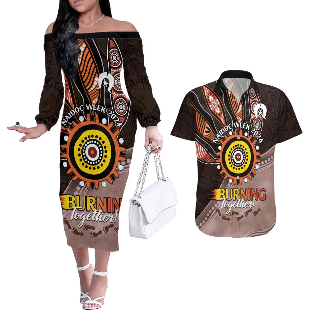 Fire Burning Together NAIDOC 2024 Couples Matching Off The Shoulder Long Sleeve Dress and Hawaiian Shirt Indigenous Art